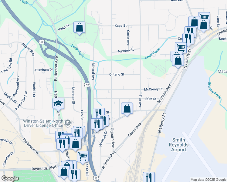 map of restaurants, bars, coffee shops, grocery stores, and more near 4089 Ogburn Avenue in Winston-Salem