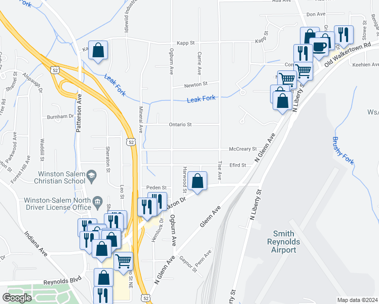 map of restaurants, bars, coffee shops, grocery stores, and more near 638 McCreary Street in Winston-Salem