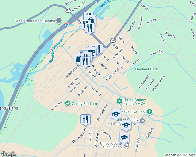 map of restaurants, bars, coffee shops, grocery stores, and more near 100 South Elm Avenue in Erwin