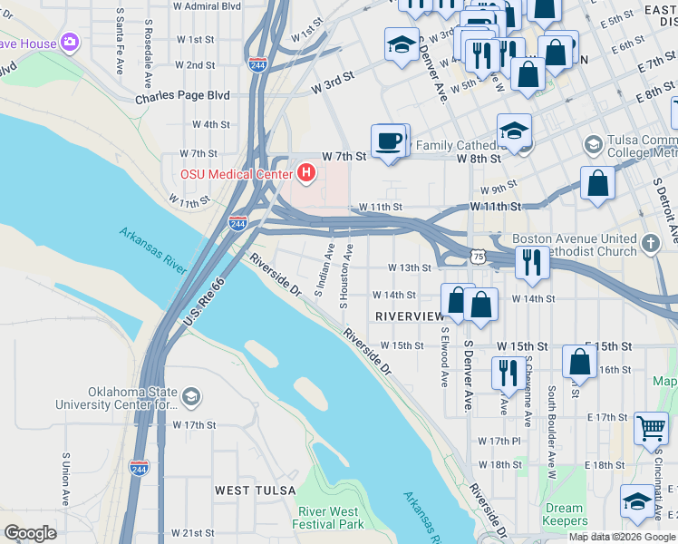 map of restaurants, bars, coffee shops, grocery stores, and more near 1224 South Houston Avenue in Tulsa