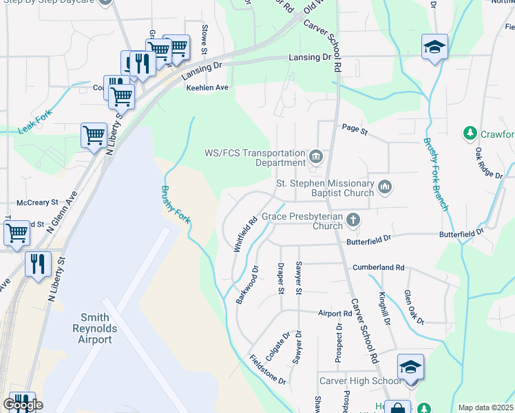 map of restaurants, bars, coffee shops, grocery stores, and more near 2977 Bainbridge Drive in Winston-Salem