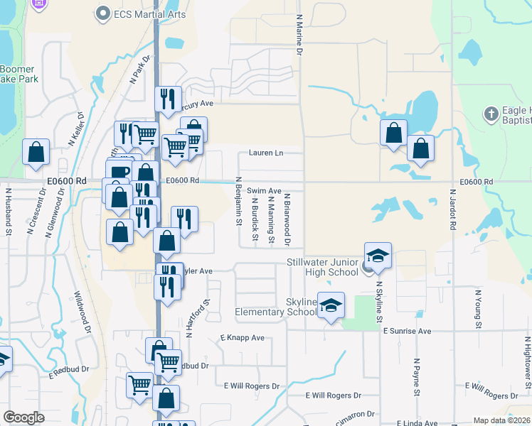 map of restaurants, bars, coffee shops, grocery stores, and more near 2122 North Manning Street in Stillwater