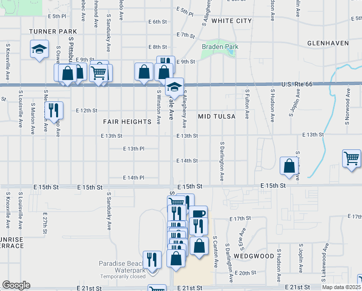 map of restaurants, bars, coffee shops, grocery stores, and more near in Tulsa