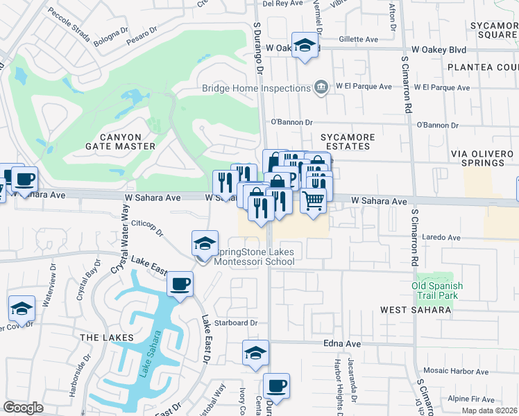 map of restaurants, bars, coffee shops, grocery stores, and more near 8607 West Sahara Avenue in Las Vegas