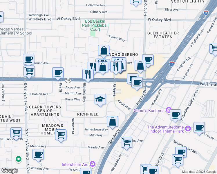 map of restaurants, bars, coffee shops, grocery stores, and more near 2712 Alcoa Avenue in Las Vegas