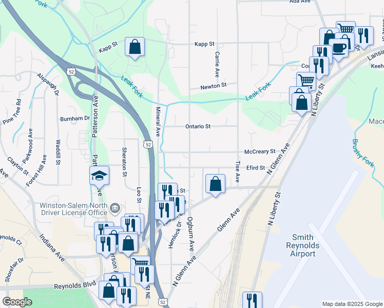map of restaurants, bars, coffee shops, grocery stores, and more near 4089 Ogburn Avenue in Winston-Salem