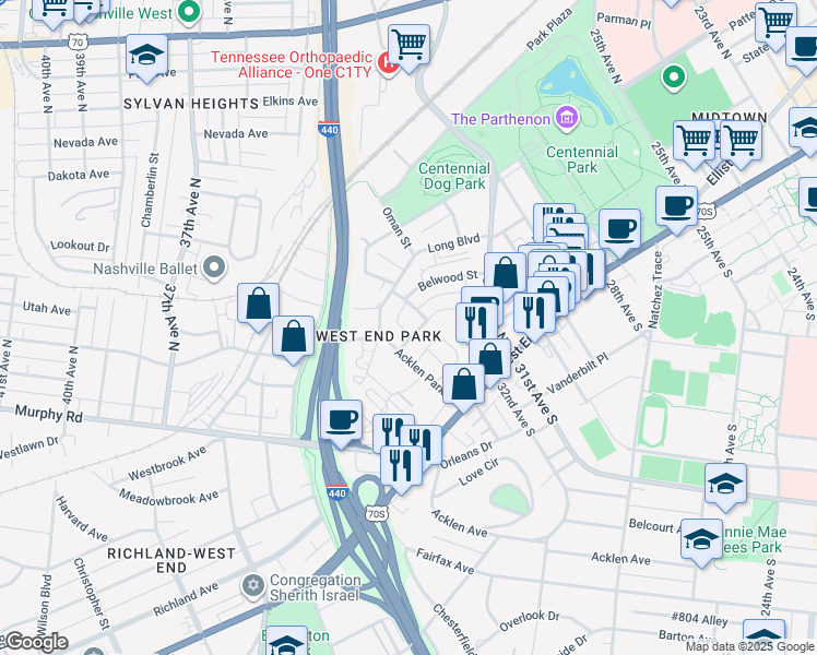 map of restaurants, bars, coffee shops, grocery stores, and more near 3203 Long Boulevard in Nashville