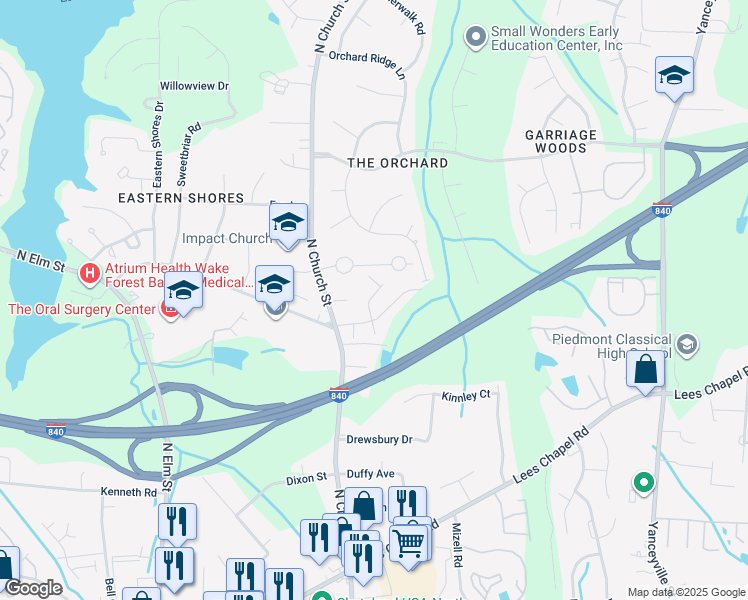 map of restaurants, bars, coffee shops, grocery stores, and more near 208 Stamm Drive in Greensboro