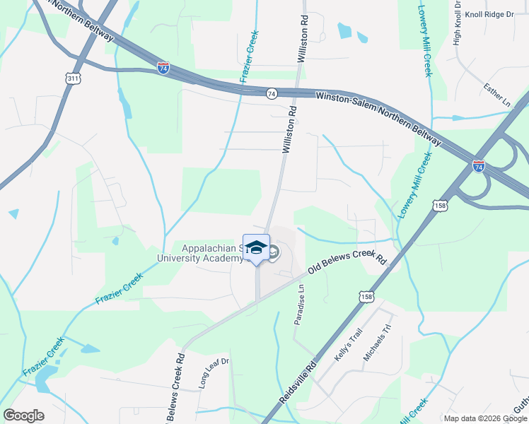 map of restaurants, bars, coffee shops, grocery stores, and more near 3190 Williston Road in Walkertown
