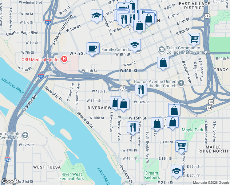 map of restaurants, bars, coffee shops, grocery stores, and more near 316 West 13th Street in Tulsa