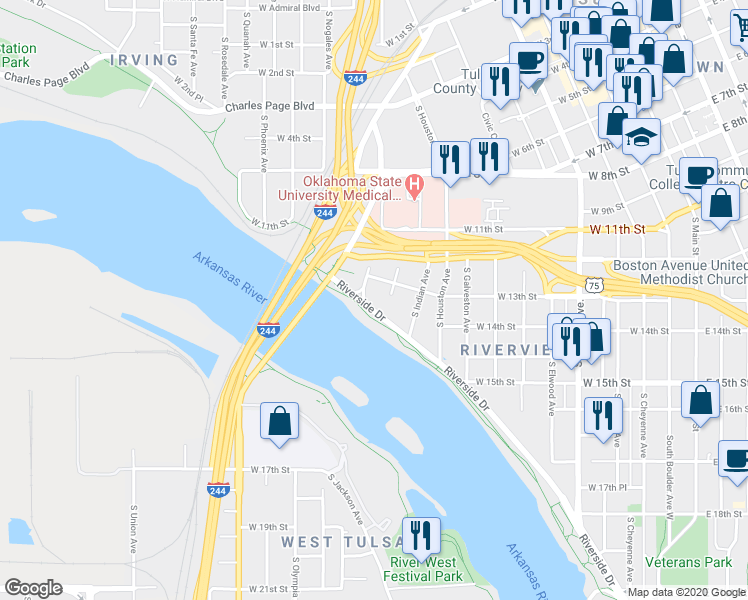 map of restaurants, bars, coffee shops, grocery stores, and more near 1329 Riverside Drive in Tulsa