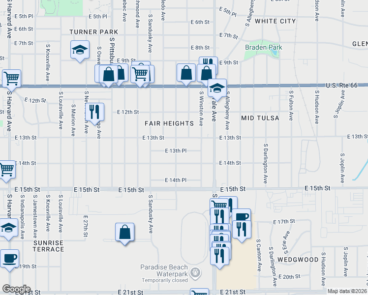 map of restaurants, bars, coffee shops, grocery stores, and more near 4615 East 13th Place in Tulsa