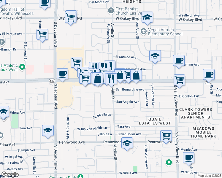 map of restaurants, bars, coffee shops, grocery stores, and more near 2530 Arville Street in Las Vegas