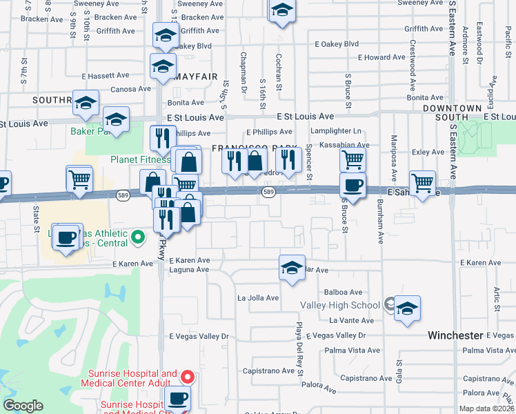 map of restaurants, bars, coffee shops, grocery stores, and more near 1655 East Sahara Avenue in Las Vegas