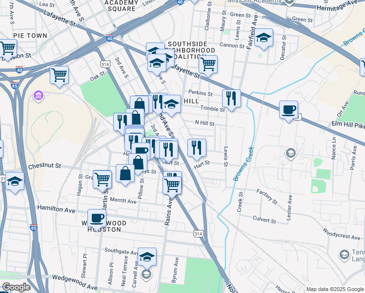 map of restaurants, bars, coffee shops, grocery stores, and more near 1240B 2nd Avenue South in Nashville