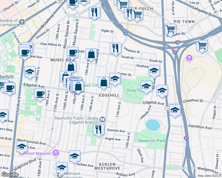 map of restaurants, bars, coffee shops, grocery stores, and more near 1115 12th Avenue South in Nashville