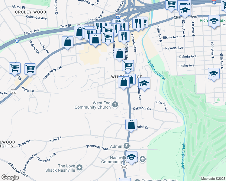 map of restaurants, bars, coffee shops, grocery stores, and more near 5707 Maudina Avenue in Nashville