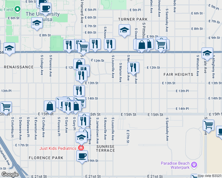map of restaurants, bars, coffee shops, grocery stores, and more near 1303 South Louisville Avenue in Tulsa