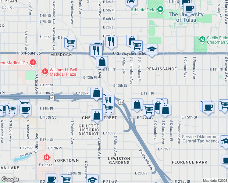 map of restaurants, bars, coffee shops, grocery stores, and more near 2432 East 13th Street in Tulsa
