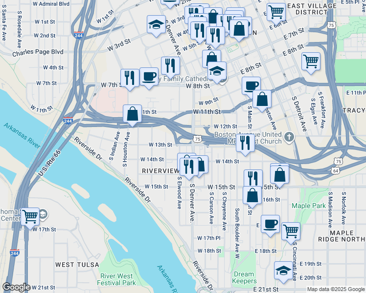 map of restaurants, bars, coffee shops, grocery stores, and more near 1302 South Denver Avenue in Tulsa