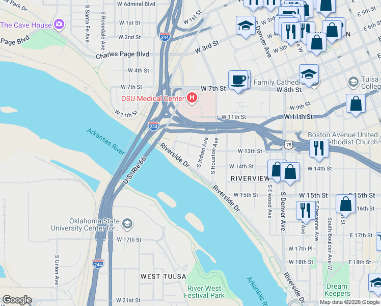 map of restaurants, bars, coffee shops, grocery stores, and more near 740 West 13th Street in Tulsa