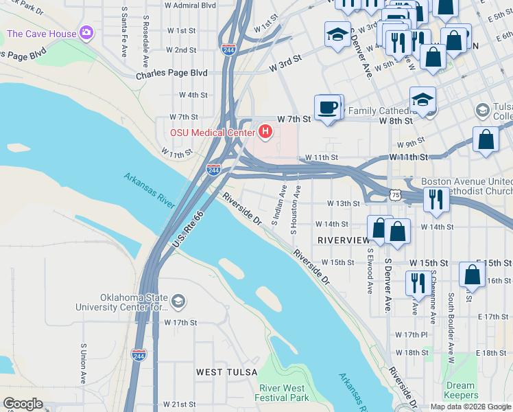 map of restaurants, bars, coffee shops, grocery stores, and more near 740 West 13th Street in Tulsa