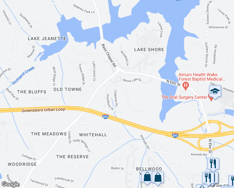 map of restaurants, bars, coffee shops, grocery stores, and more near 4720 Tuliptree Drive in Greensboro