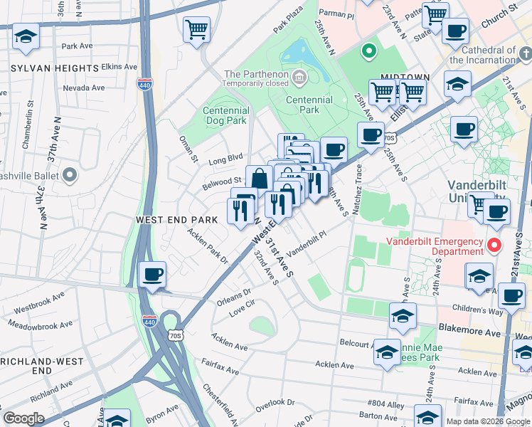 map of restaurants, bars, coffee shops, grocery stores, and more near 110 31st Avenue North in Nashville