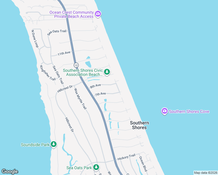 map of restaurants, bars, coffee shops, grocery stores, and more near 12 8th Ave in Kitty Hawk