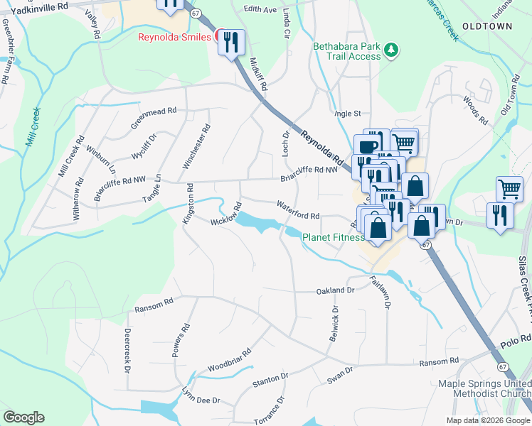 map of restaurants, bars, coffee shops, grocery stores, and more near 3138 Waterford Road in Winston-Salem