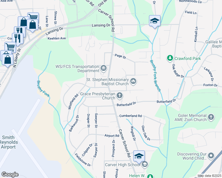 map of restaurants, bars, coffee shops, grocery stores, and more near 5001 Pressman Drive in Winston-Salem