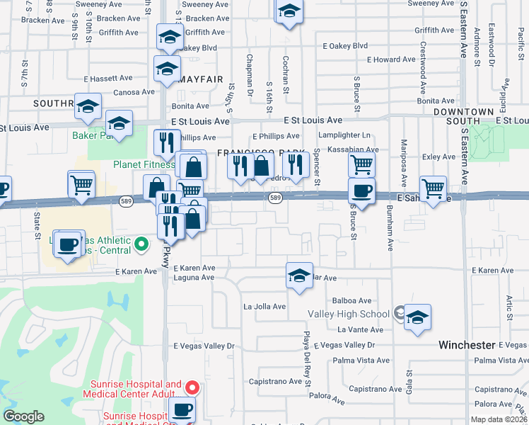 map of restaurants, bars, coffee shops, grocery stores, and more near 1655 East Sahara Avenue in Las Vegas