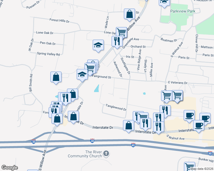 map of restaurants, bars, coffee shops, grocery stores, and more near 992 Emily Lane in Cookeville