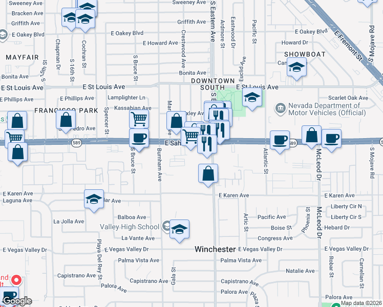 map of restaurants, bars, coffee shops, grocery stores, and more near 2545 South Eastern Avenue in Las Vegas