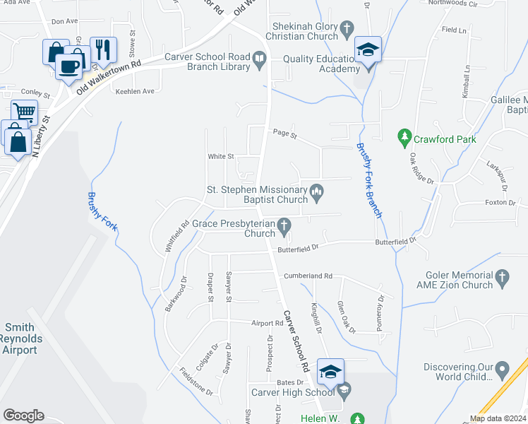 map of restaurants, bars, coffee shops, grocery stores, and more near 5001 Pressman Drive in Winston-Salem