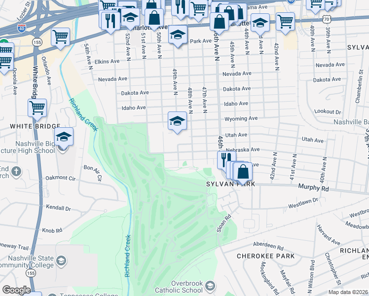 map of restaurants, bars, coffee shops, grocery stores, and more near 141B 49th Avenue North in Nashville