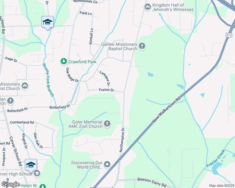 map of restaurants, bars, coffee shops, grocery stores, and more near 3777 Foxton Drive in Winston-Salem