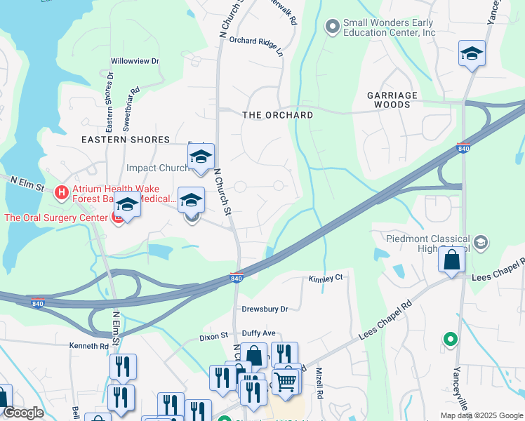 map of restaurants, bars, coffee shops, grocery stores, and more near 208 Stamm Drive in Greensboro