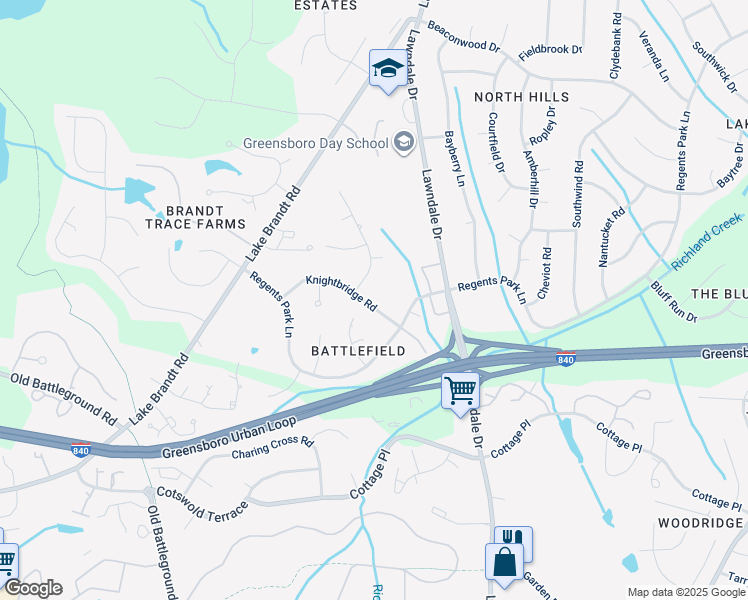 map of restaurants, bars, coffee shops, grocery stores, and more near 4619 Knightbridge Road in Greensboro