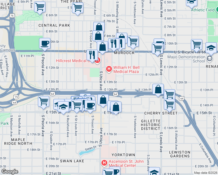 map of restaurants, bars, coffee shops, grocery stores, and more near 1812 East 13th Street in Tulsa