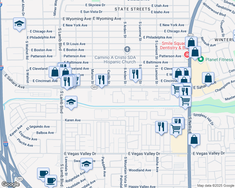 map of restaurants, bars, coffee shops, grocery stores, and more near 4555 East Sahara Avenue in Las Vegas