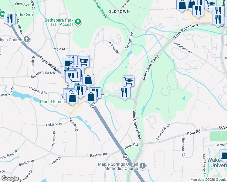 map of restaurants, bars, coffee shops, grocery stores, and more near 300 Crowne Court in Winston-Salem