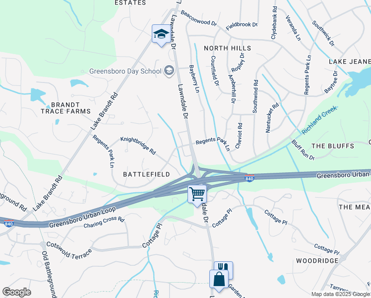 map of restaurants, bars, coffee shops, grocery stores, and more near 5015 Lawndale Drive in Greensboro