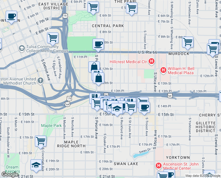 map of restaurants, bars, coffee shops, grocery stores, and more near 1301 South Quincy Avenue in Tulsa