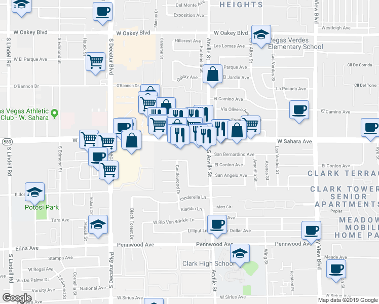 map of restaurants, bars, coffee shops, grocery stores, and more near 4505 West Sahara Avenue in Las Vegas
