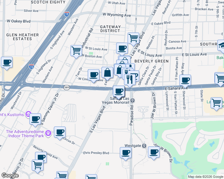 map of restaurants, bars, coffee shops, grocery stores, and more near E Sahara Ave & S Las Vegas Blvd in Las Vegas