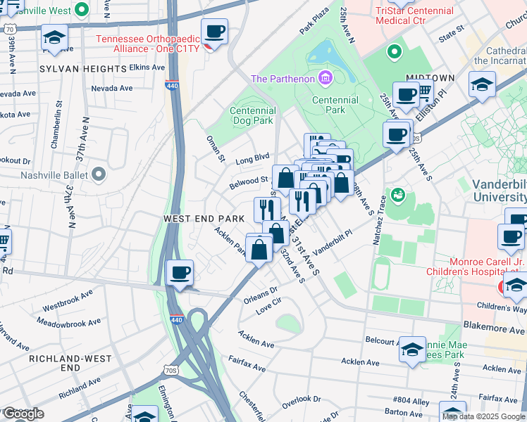 map of restaurants, bars, coffee shops, grocery stores, and more near 3102 West End Avenue in Nashville