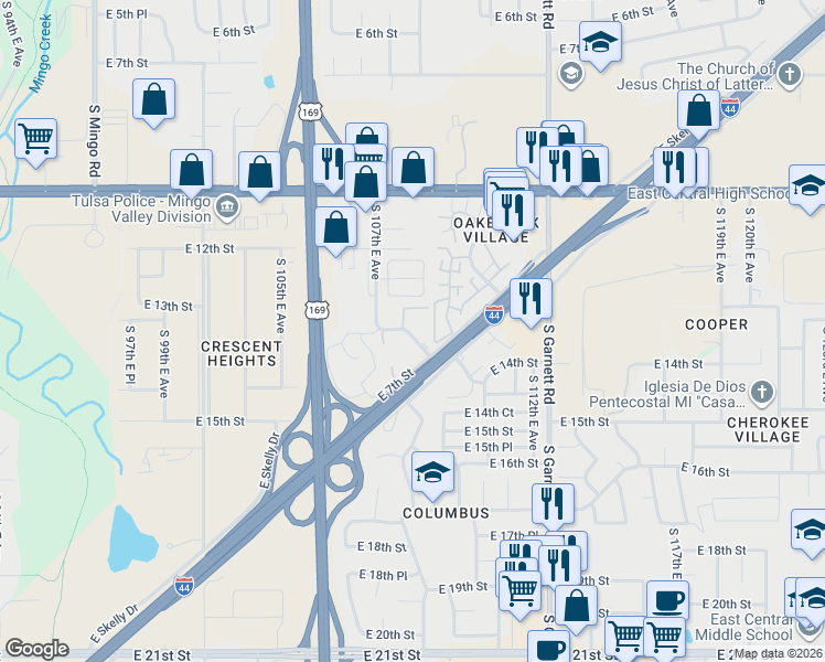 map of restaurants, bars, coffee shops, grocery stores, and more near 1419 South 107th East Avenue in Tulsa