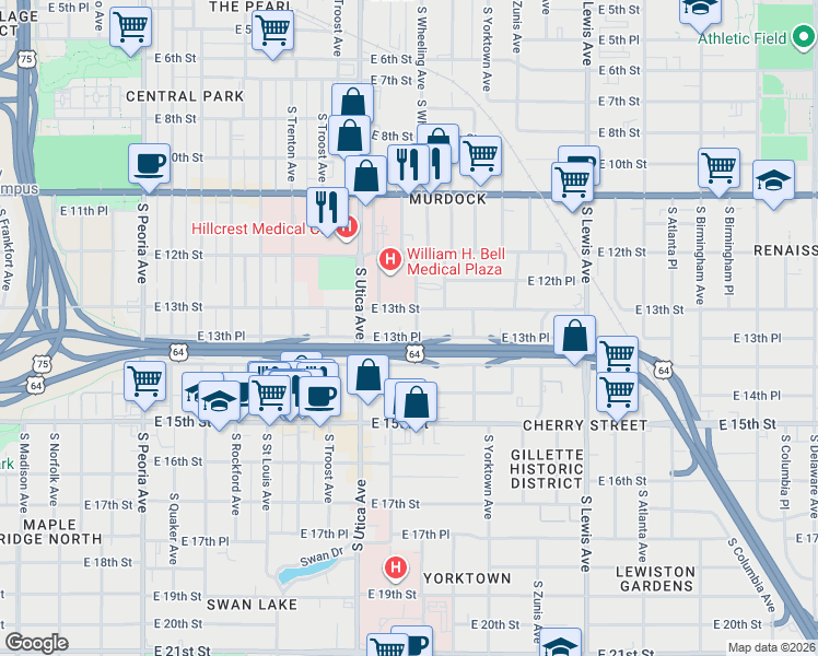 map of restaurants, bars, coffee shops, grocery stores, and more near 1812 East 13th Street in Tulsa