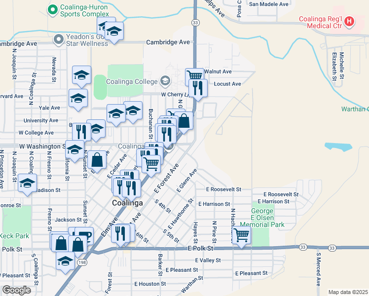 map of restaurants, bars, coffee shops, grocery stores, and more near 106 North Grant Street in Coalinga